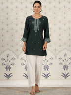 Dark Green Chinon Embroidered Straight Top - Zeny | Grocsy