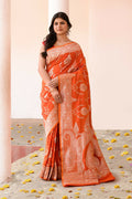 Joban Fashion Orange Banarasi Soft Pure Handloom Banarasi Silk Saree | Grocsy