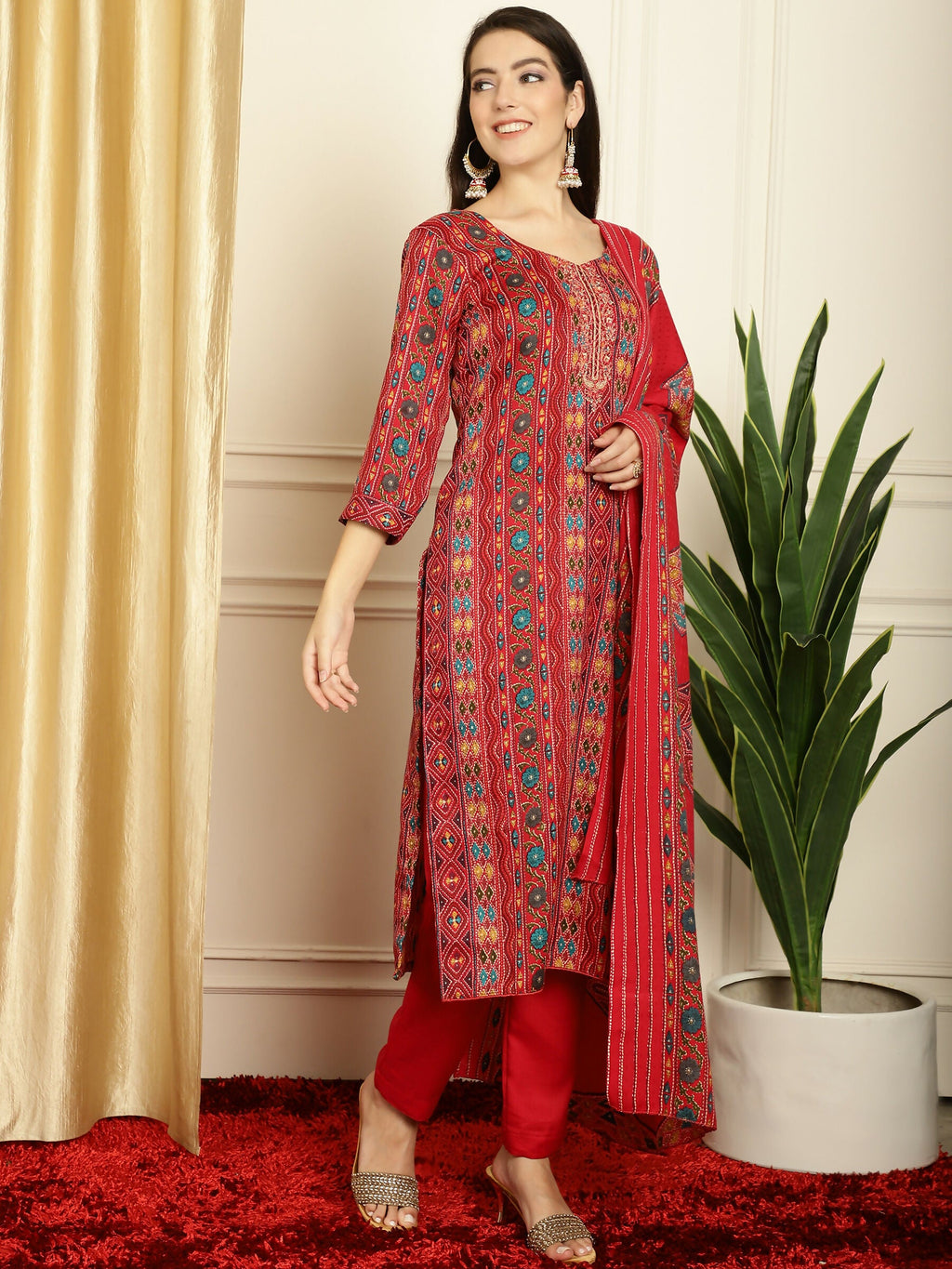Jyoti Fashion Women's Red Pashmina Floral Digital Printed Kurta with Trouser & Dupatta | Grocsy