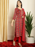 Jyoti Fashion Women's Red Pashmina Floral Digital Printed Kurta with Trouser & Dupatta | Grocsy