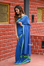 Very Much Indian Pure Cotton Handloom Sarees With Intricate Borders-Blue Shade | Grocsy