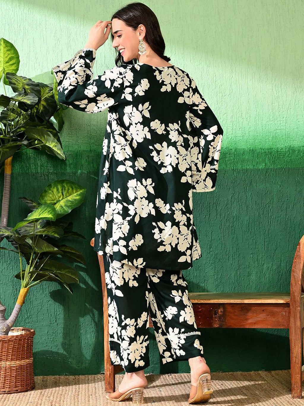 Sangria Printed A-Line Kurti With Trouser | Grocsy