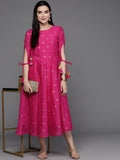 Ahalyaa Women Foil Printed A-Line Midi Ethnic Dress - Pink Color | Grocsy