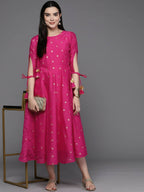 Ahalyaa Women Foil Printed A-Line Midi Ethnic Dress - Pink Color | Grocsy