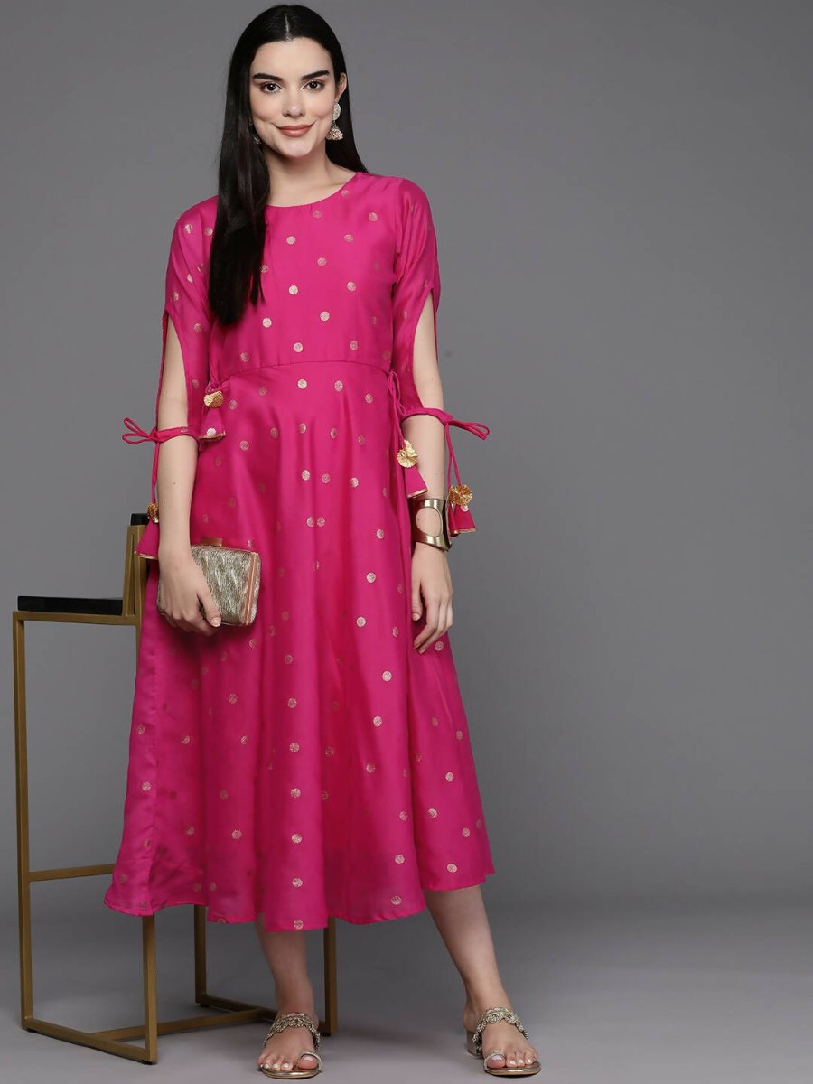 Ahalyaa Women Foil Printed A-Line Midi Ethnic Dress - Pink Color | Grocsy
