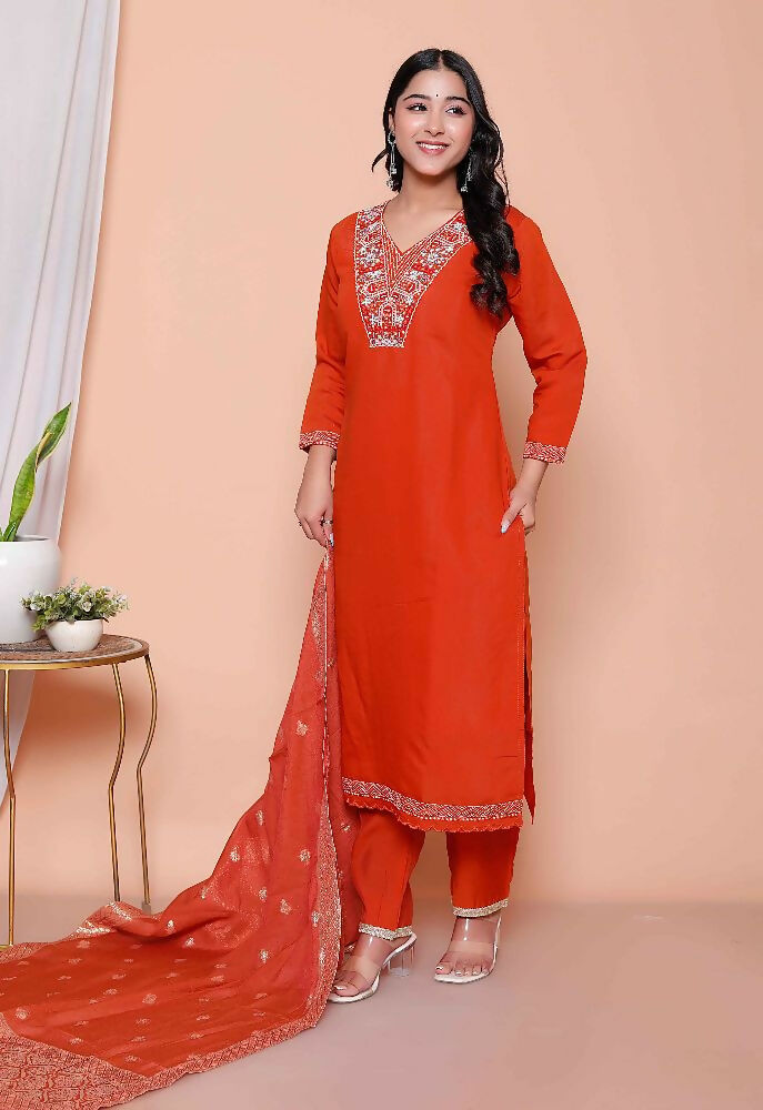 Miravan Womens Orange Embroidered Straight Kurta With Palazzo And Dupatta Set | Grocsy