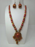 Terracotta Medium Necklace Set With Hangings-Golden Pink | Grocsy