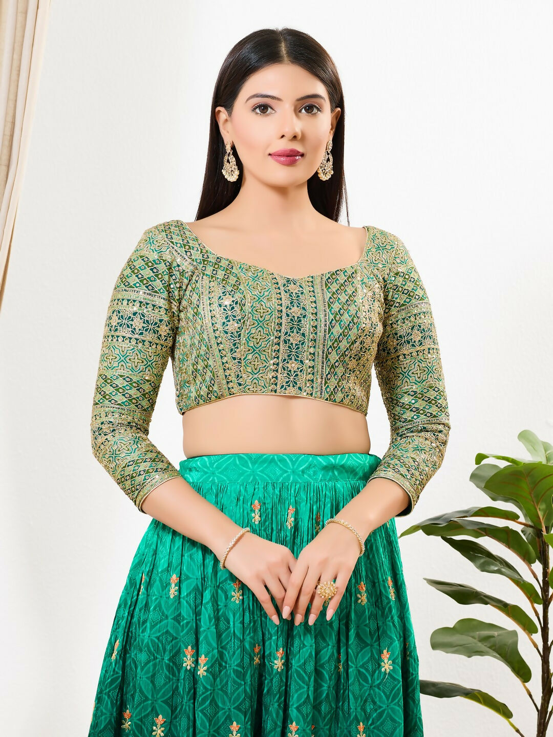 Joban Fashion Green Multi Silk Padded Blouse With Sweetheart Neck 3/4 Sleeves | Grocsy