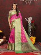 Lorenvalley Fashion Pink Cotton Woven Design Zari Meenakari Weaving Saree | Grocsy