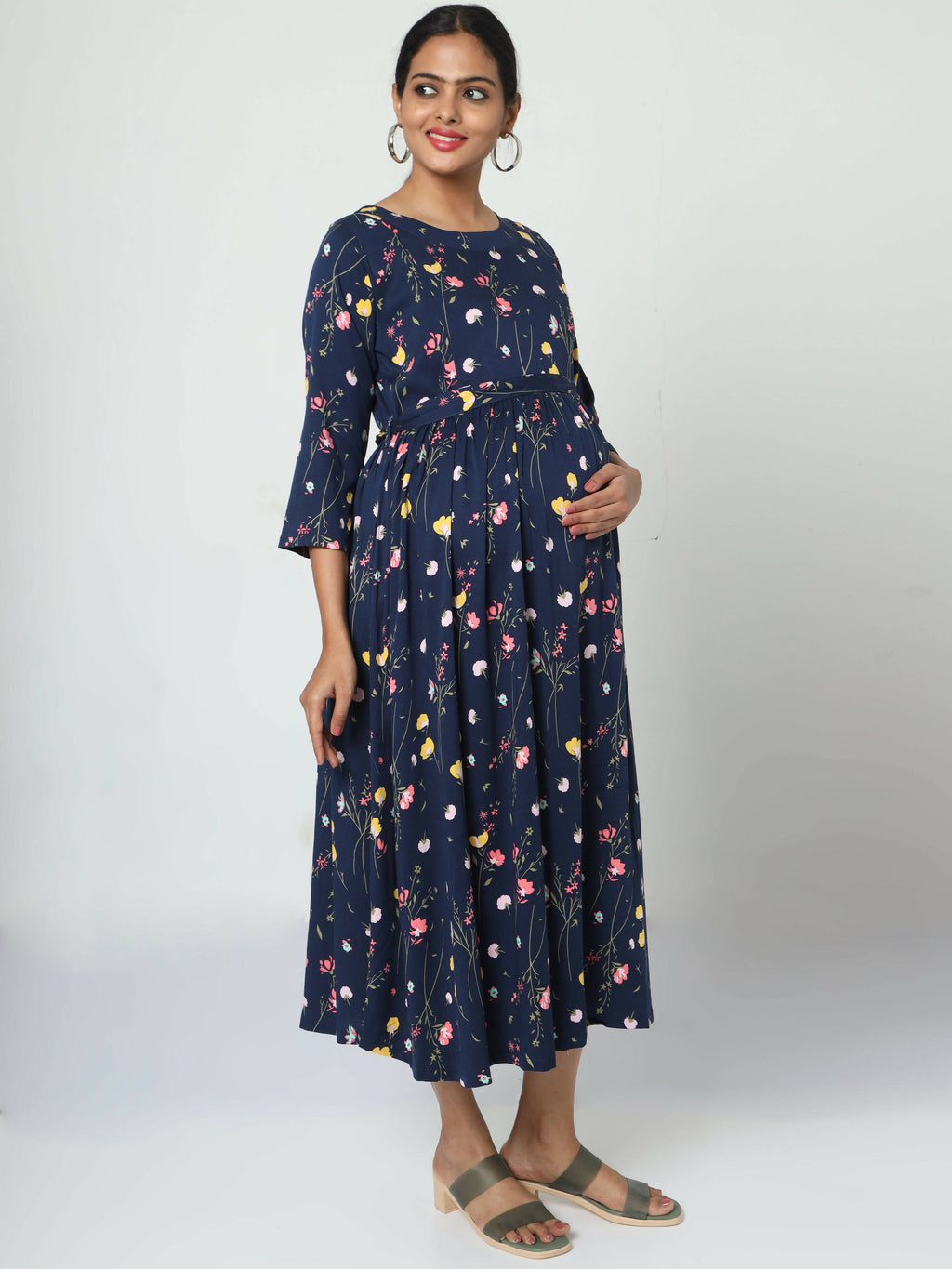 Manet Three Fourth Maternity Dress Floral Print With Concealed Zipper Nursing Access - Navy Blue | Grocsy