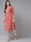 Yufta Women Pink & White Ethnic Motifs Printed Mirror Work Kurta with Palazzo & Dupatta | Grocsy