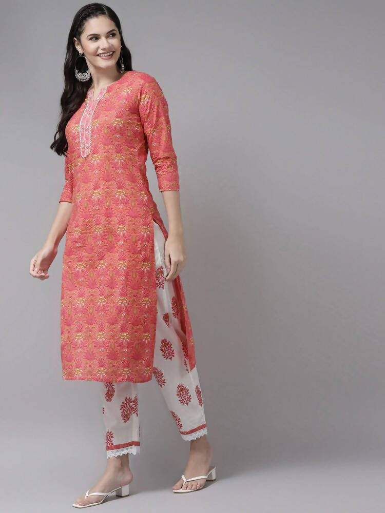 Yufta Women Pink & White Ethnic Motifs Printed Mirror Work Kurta with Palazzo & Dupatta | Grocsy