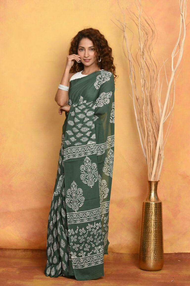 Very Much Indian Handblock Printed Cotton Saree With Natural Dyes - Green | Grocsy