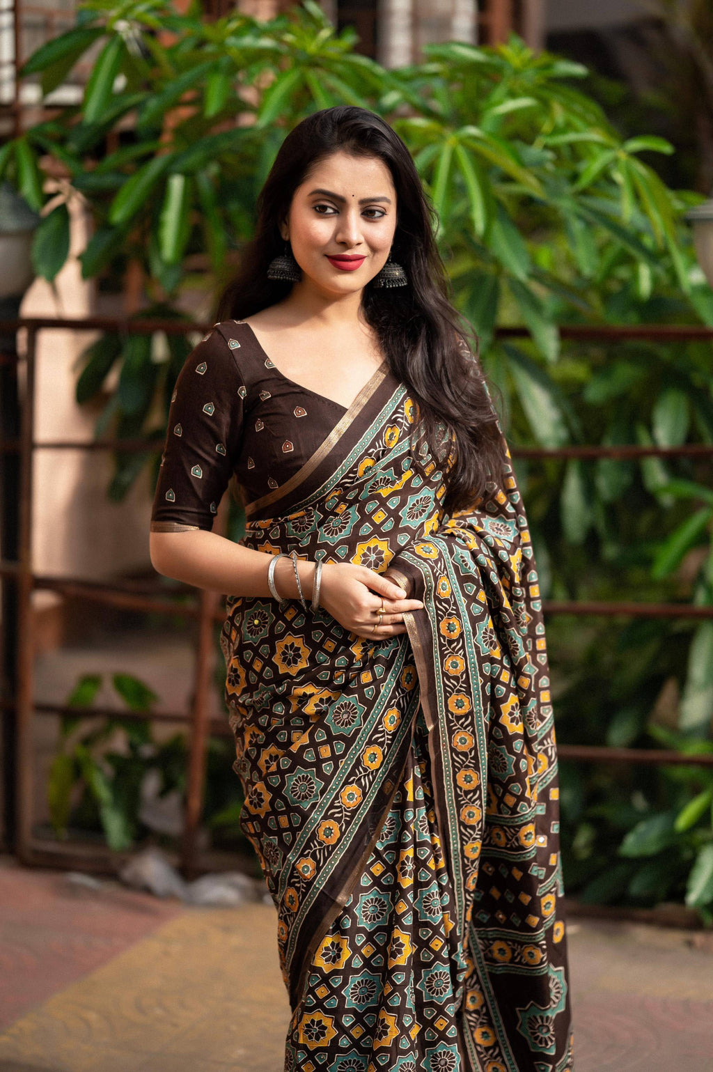 Coffee Cotton Blend Ajrak Saree with Unstitched Blouse - Hiral Fashion | Grocsy