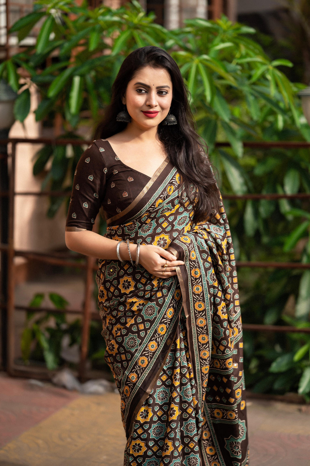 Coffee Cotton Blend Ajrak Saree with Unstitched Blouse - A2M | Grocsy