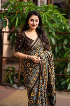 Coffee Cotton Blend Ajrak Saree with Unstitched Blouse - A2M | Grocsy