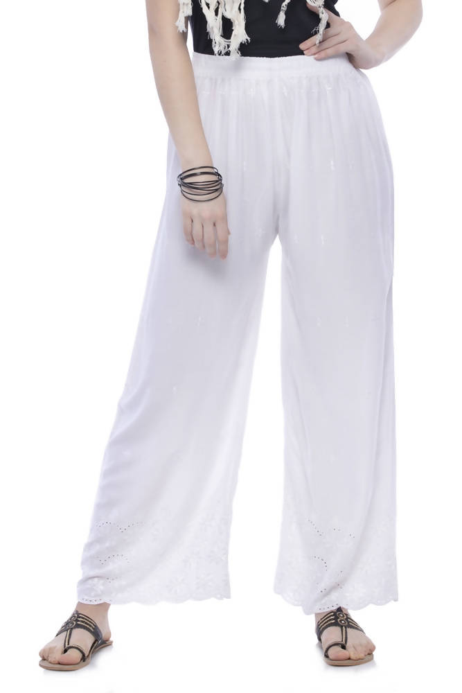 Mominos Fashion Rayon Cotton White Embroidery Chikan Palazzo | Grocsy