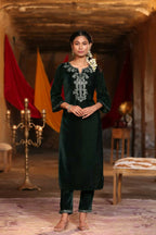 Juniper Women Jadegreen Velvet Embroidered Straight Kurta Sets | Grocsy