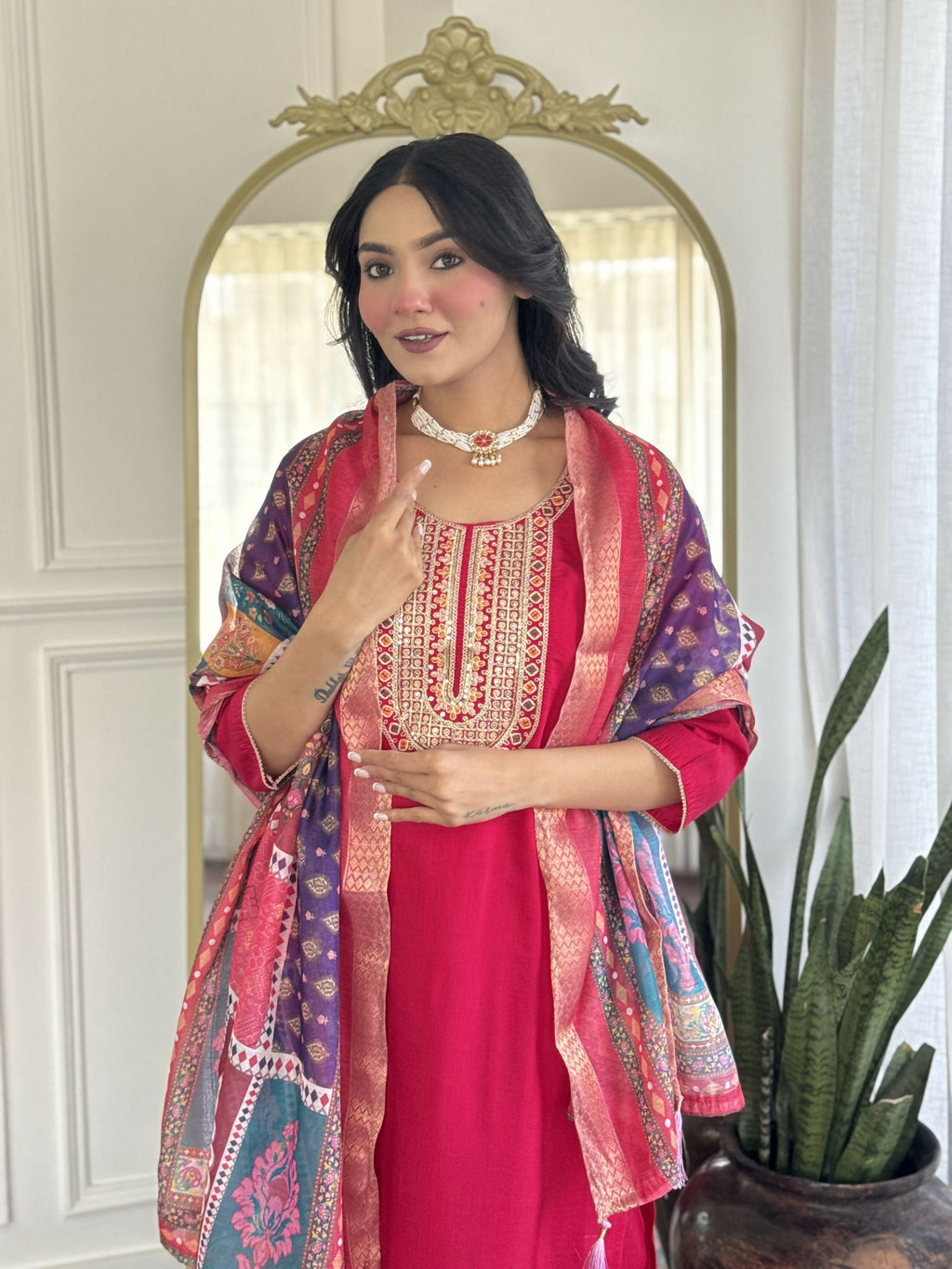 The52 Rani Gorgeous Embroidered Chanderi Silk Fabric Straight Kurta Pant with Dupatta Set | Grocsy