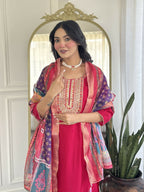 The52 Rani Gorgeous Embroidered Chanderi Silk Fabric Straight Kurta Pant with Dupatta Set | Grocsy