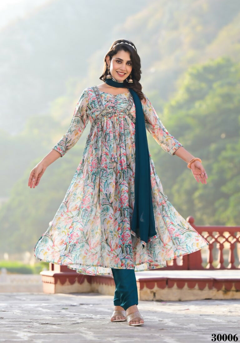 Designer Stylish Multi Slim Georgette Stitched Suit With Dupatta - Kiyara | Grocsy