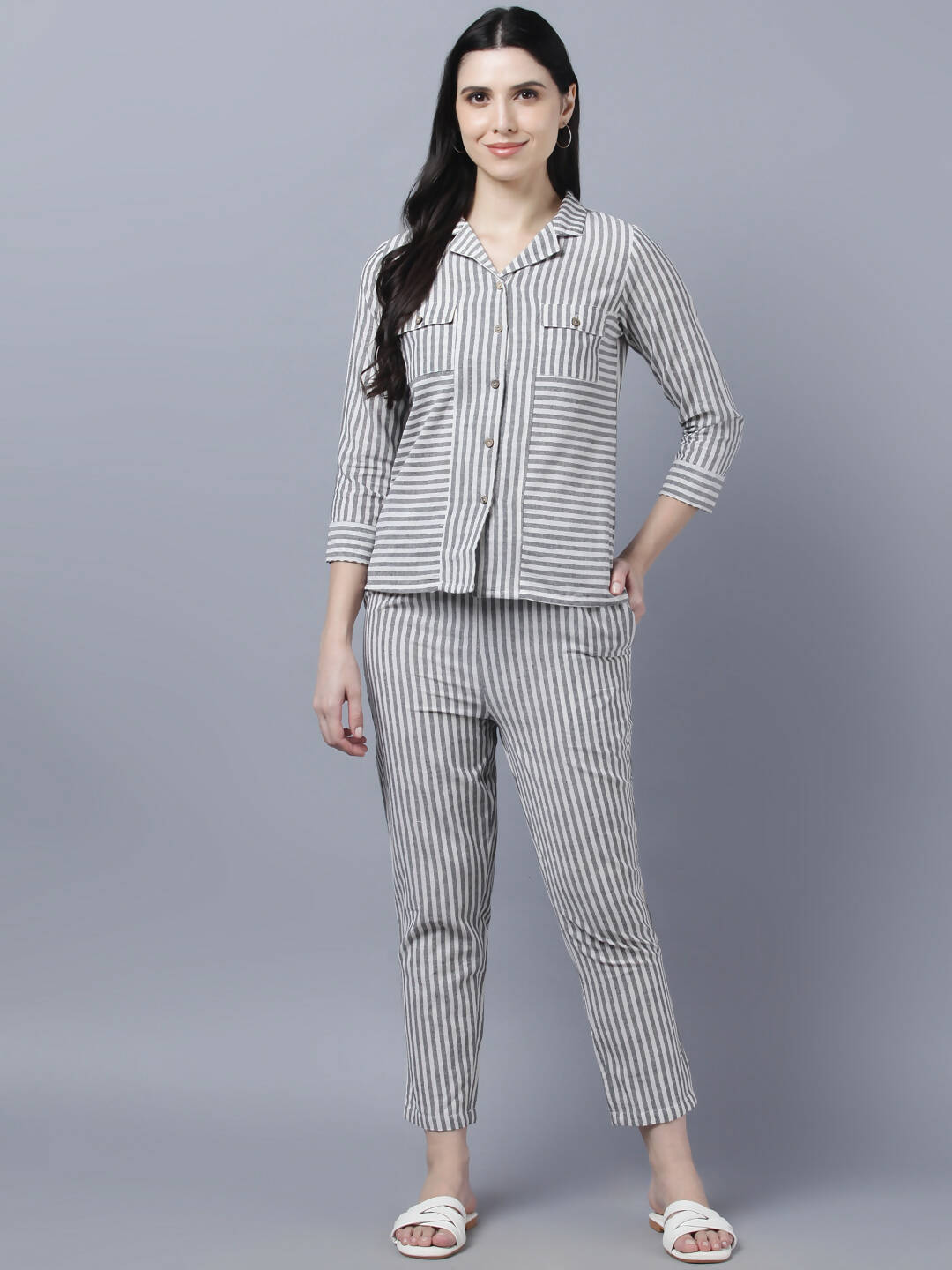 Myshka Stylish Grey 3/4 Sleeve Women's Cords Set | Grocsy
