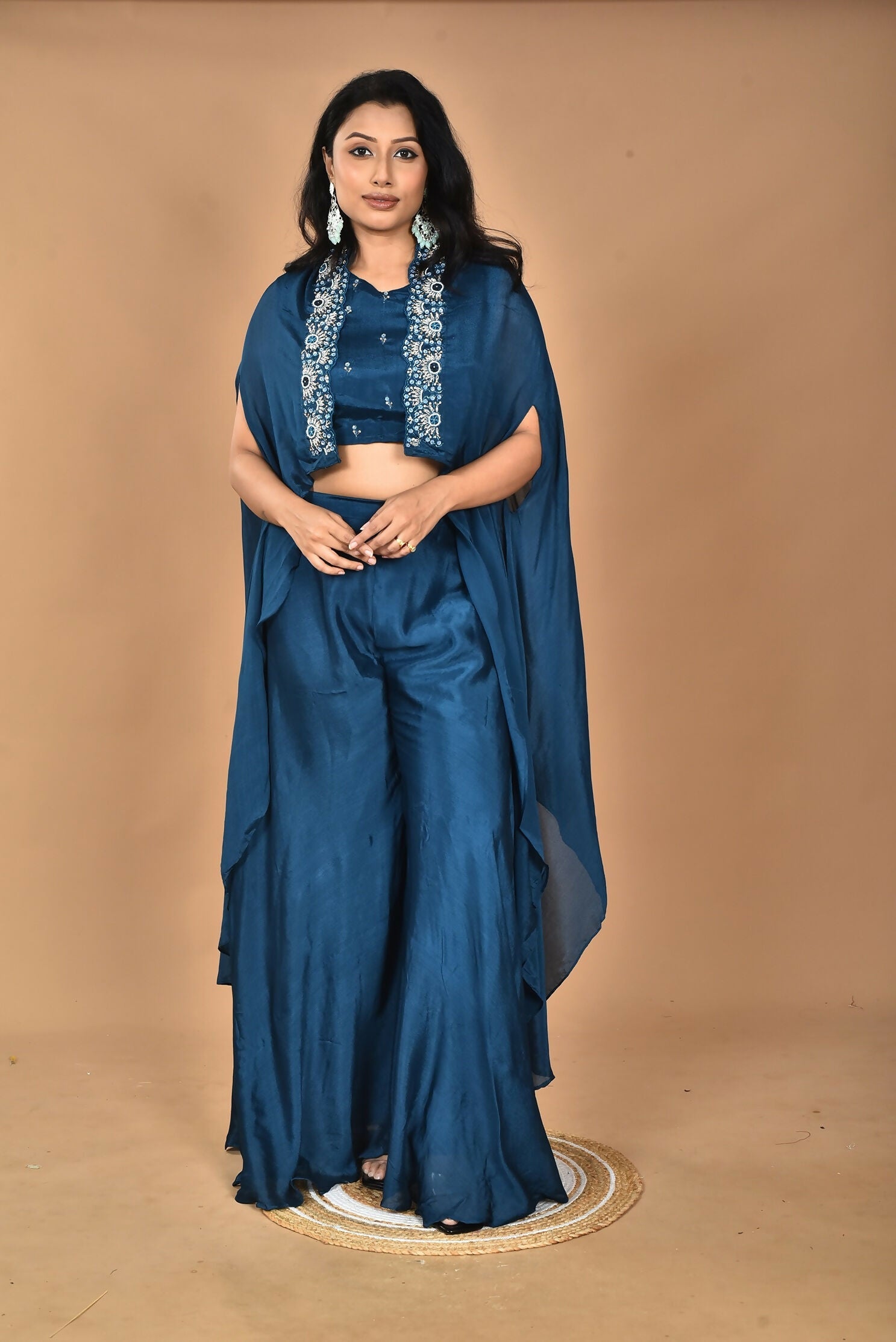 Morchari Women And Hand Embroidery Palazzo Set-Blue | Grocsy