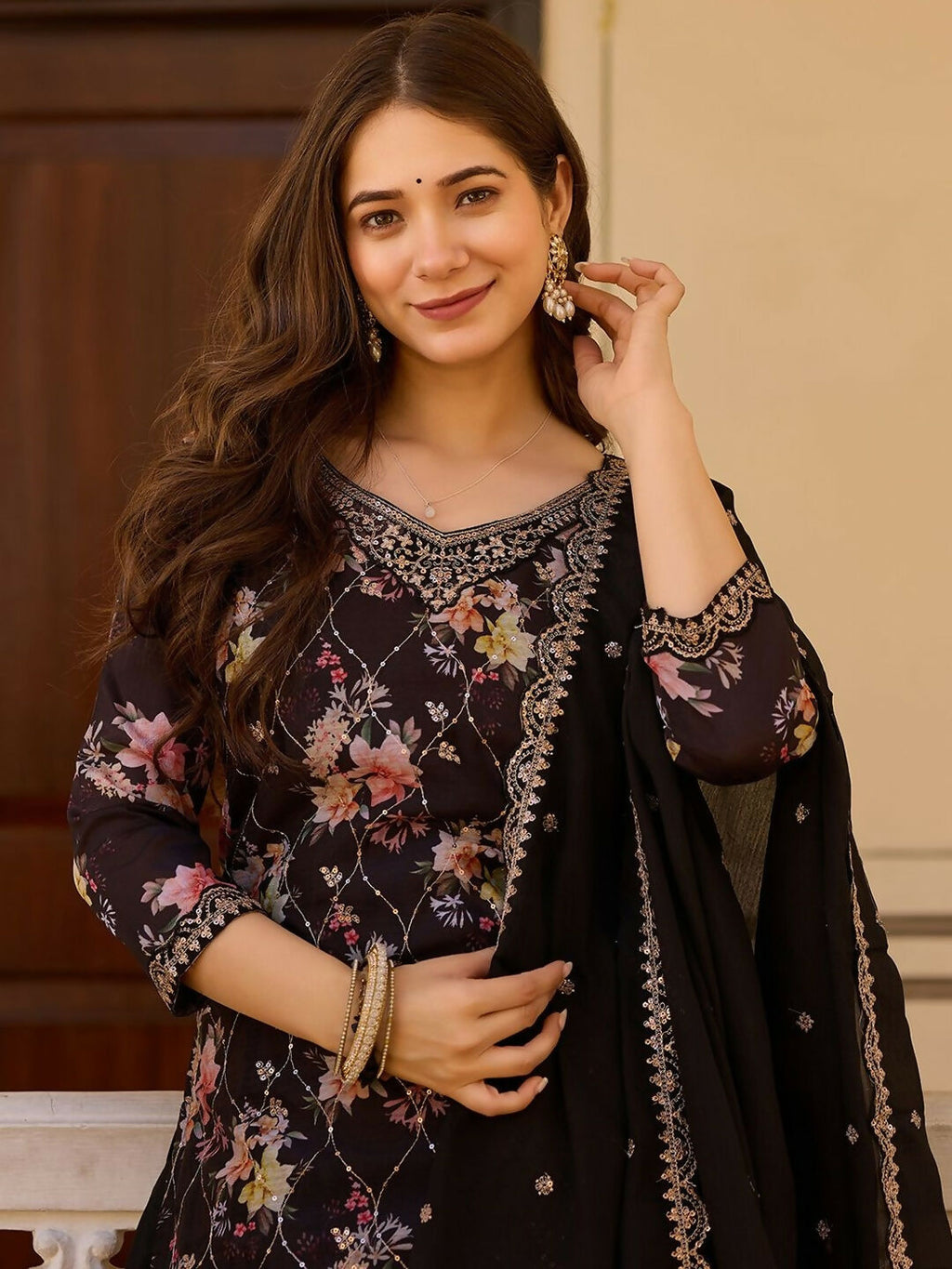 The52 Black Women's Gorgeous Embroidered Chinon Fabric Straight Kurta Palazzo and Dupatta Set | Grocsy