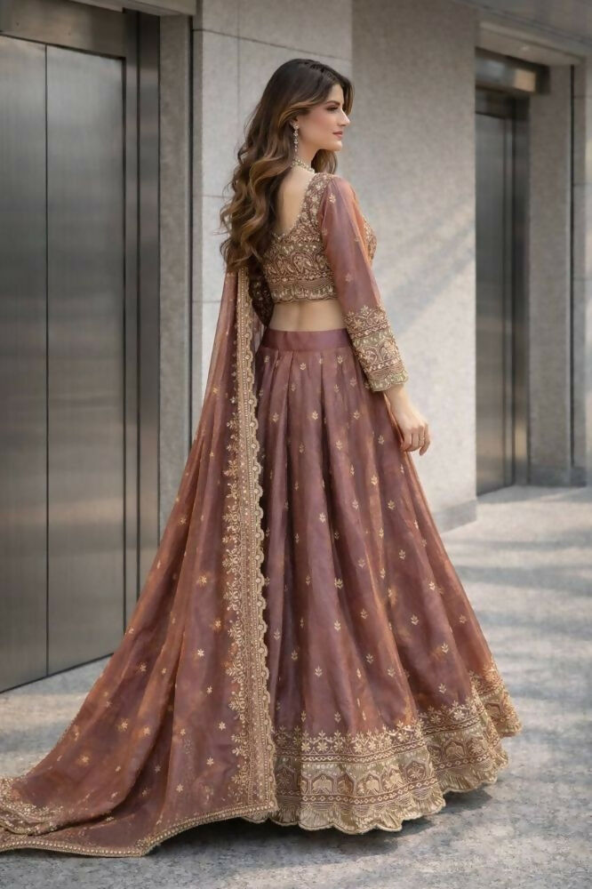 Teeya Creation Onion Color Fendy Satin Heavy Embroidery Work Wedding Wear Stitched Lehenga Choli | Grocsy