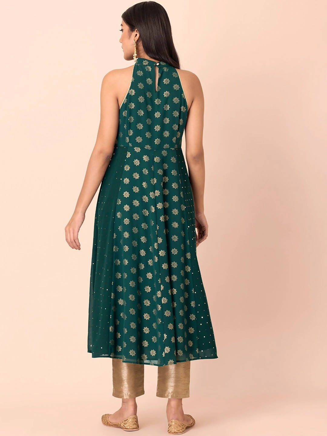Indya Green Floral Printed Halter Neck Georgette Kurta With Zari Detail | Grocsy