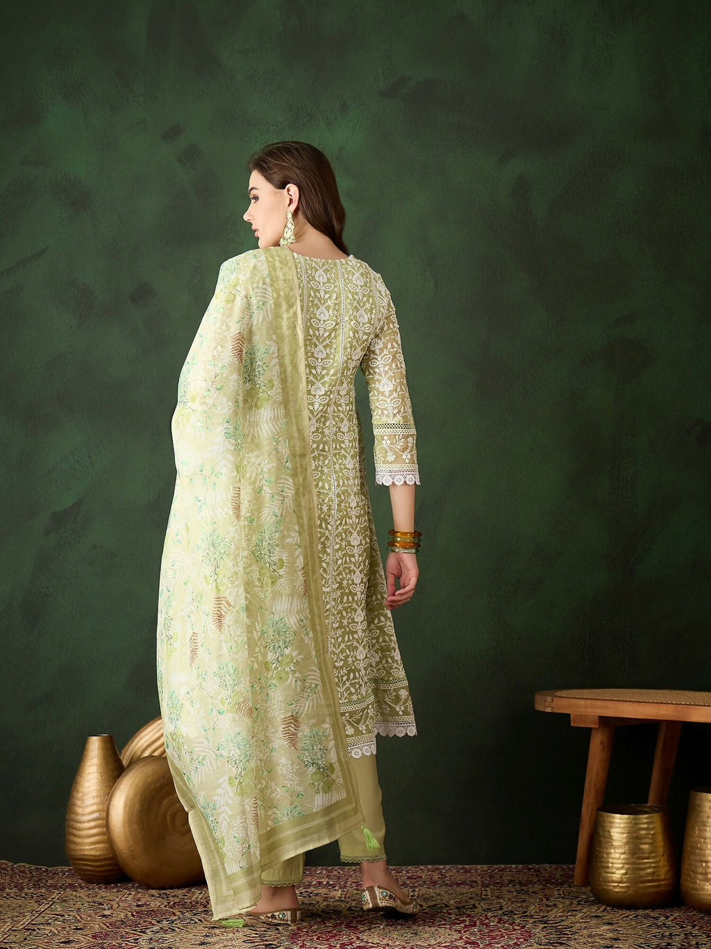 Green Crystal Organza schiffli embroidery Kurta With Trouser & Dupatta - Bhumi | Grocsy