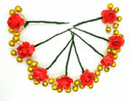 Red Rose Flower With Gold Beaded Hair Brooches (Set of 8 Brooches) | Grocsy