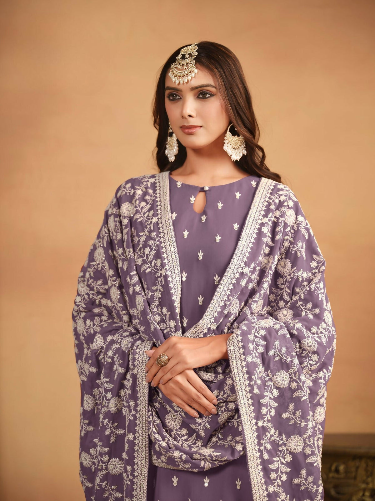 Anaita Lavender Embroidered Faux Georgette Salwar Suit | Grocsy