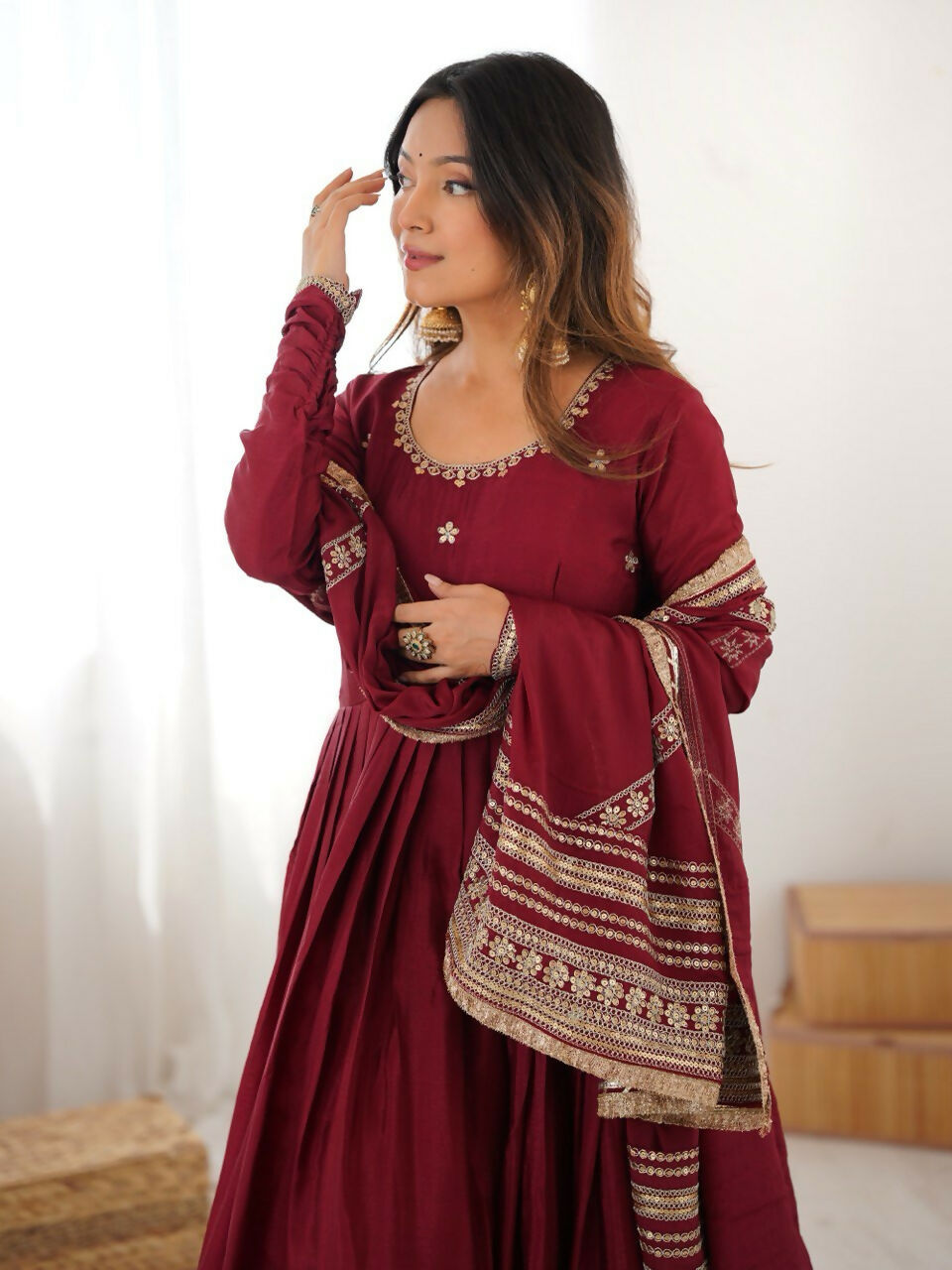 The52 Women's Gorgeous Chinon Silk Fabric Embroidery Work Flared Anarkali Pant and Dupatta Set | Grocsy