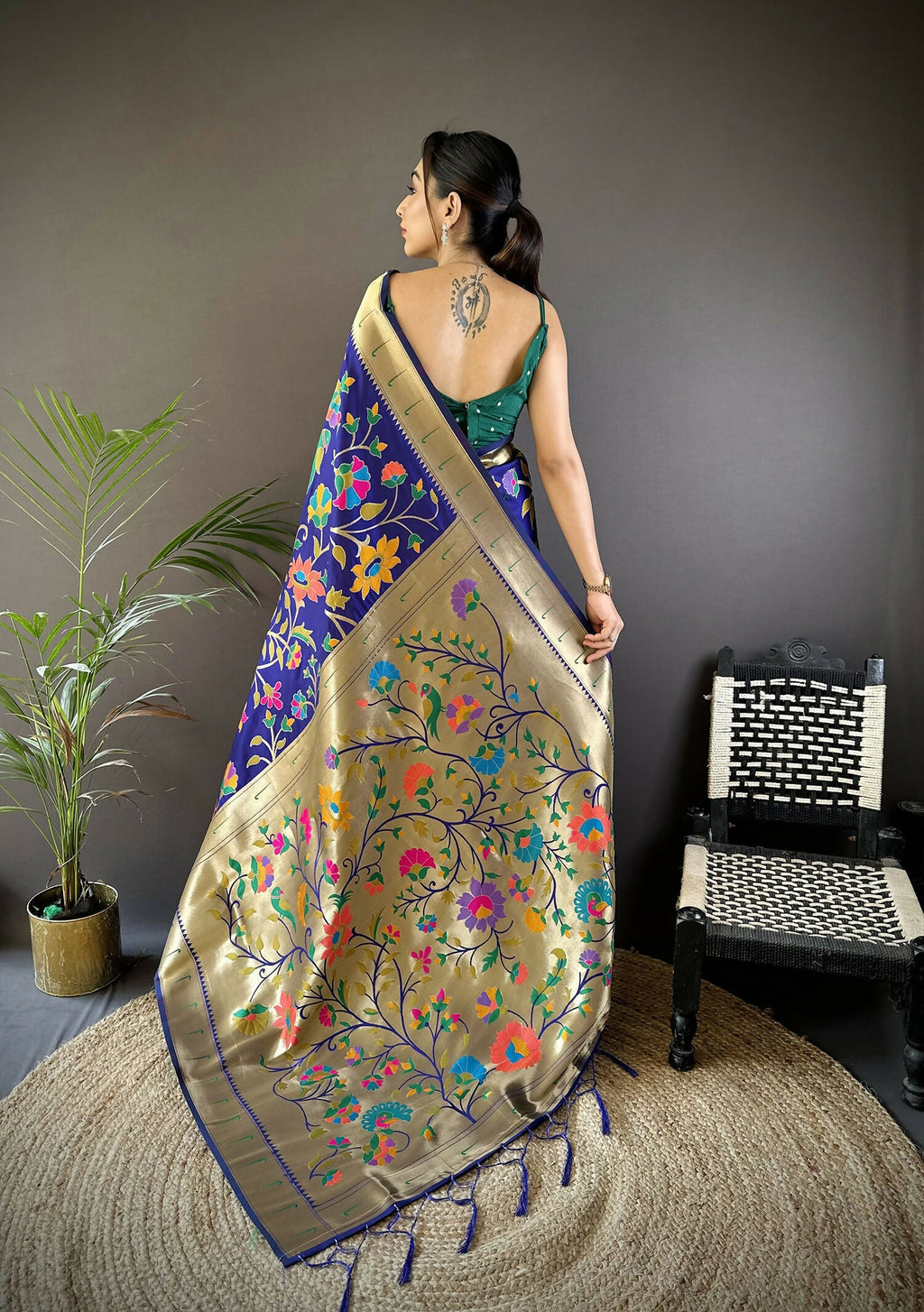 Joban Fashion Blue Zari Woven Floral Motifs Soft Silk Paithani Silk Saree | Grocsy