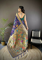 Joban Fashion Blue Zari Woven Floral Motifs Soft Silk Paithani Silk Saree | Grocsy