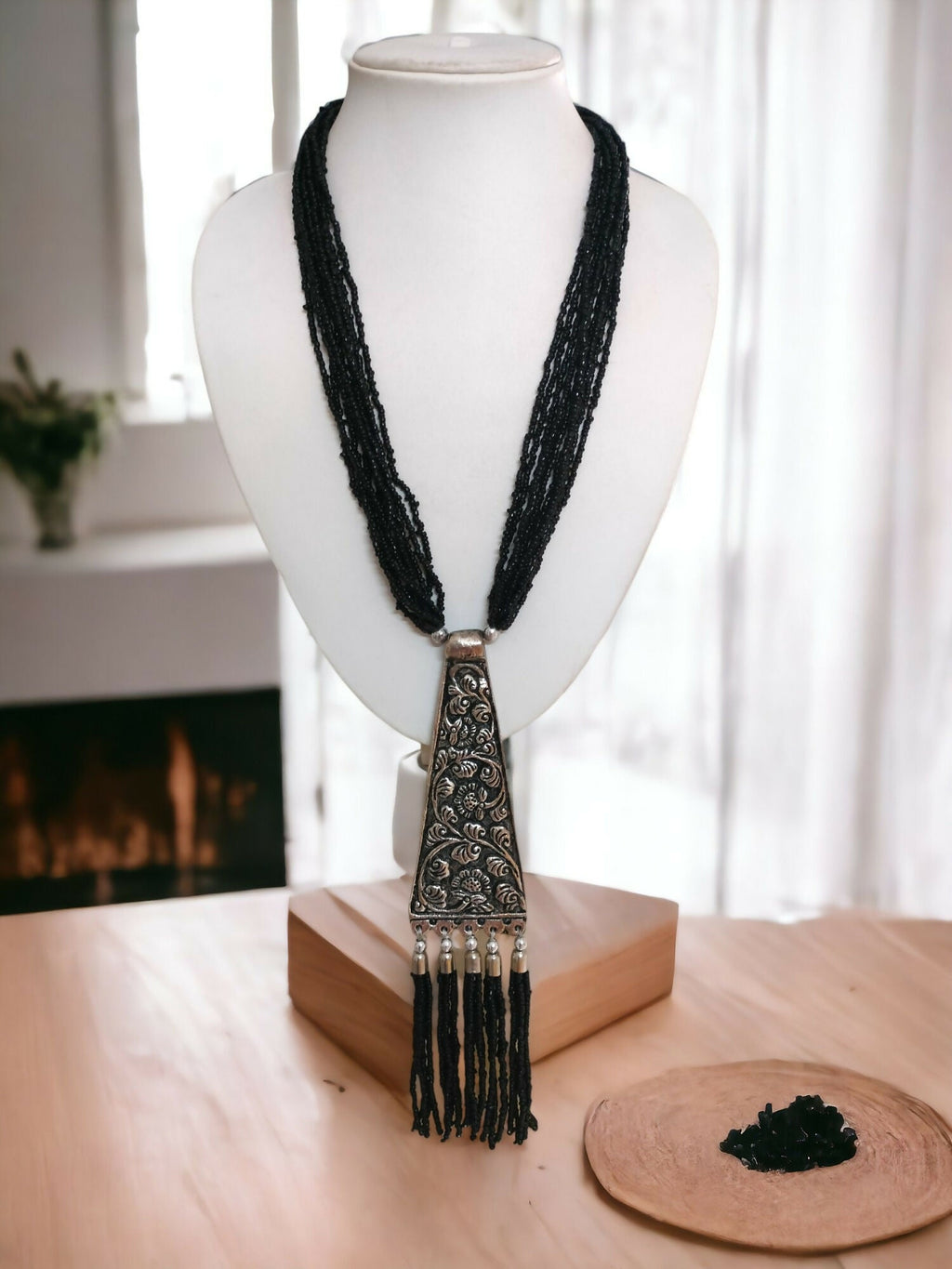 Inhanns Day-To-Dinner Tie Shaped Oxidized Black Metal Multi-Layered Long Only Necklace - Black | Grocsy