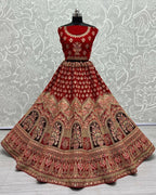 Jyoti Fashion Women's Red Velvet Multi Thread Embroidered with Zircon Diamond Wedding Lehenga Choli | Grocsy