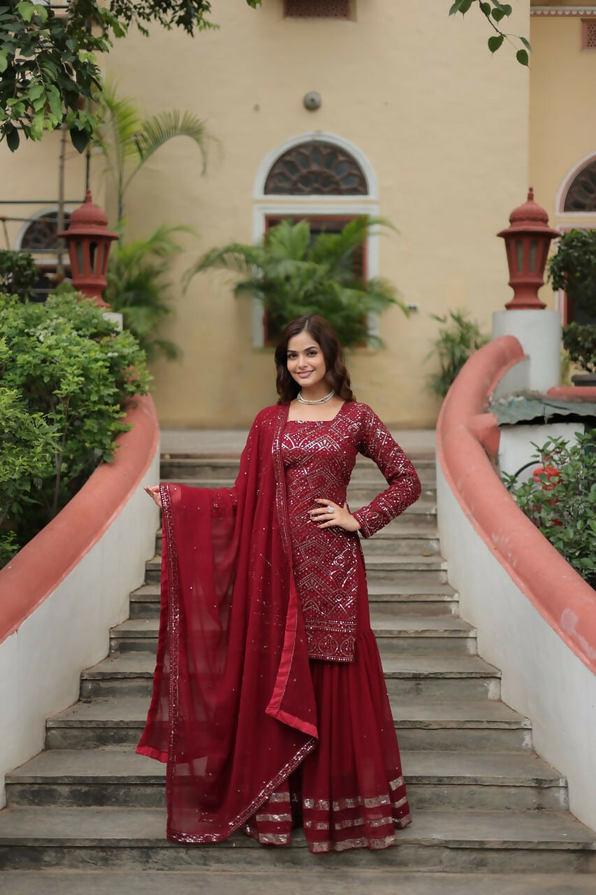 Vastranavya Premium Designer Heavy Sequins & Thread Embroidered work Top Sharara & Dupatta - Maroon | Grocsy