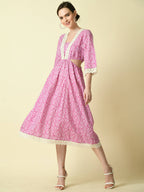 Myshka Women's Pink Floral Printed Fit and Flare Dress | Grocsy