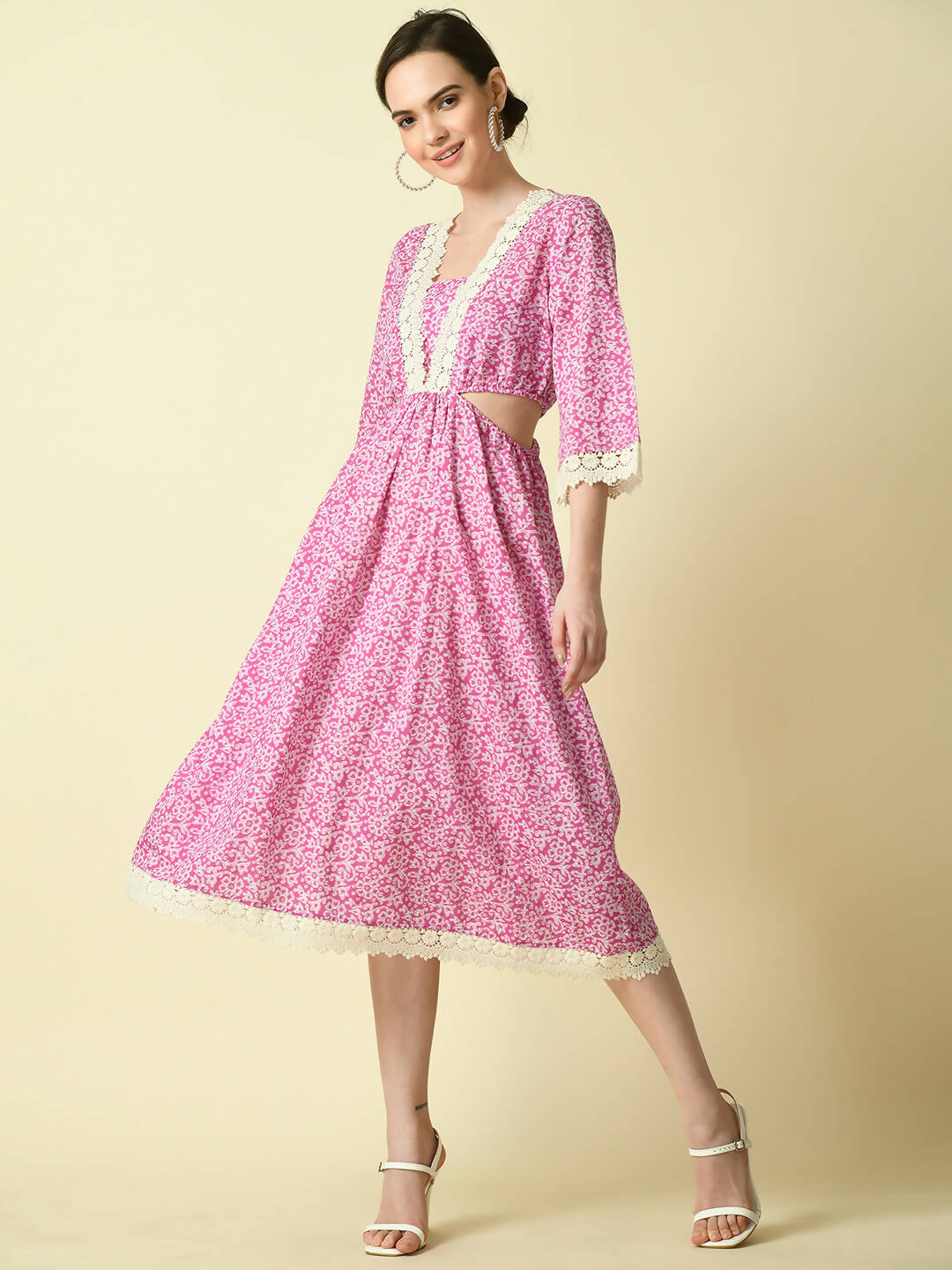 Myshka Women's Pink Floral Printed Fit and Flare Dress | Grocsy