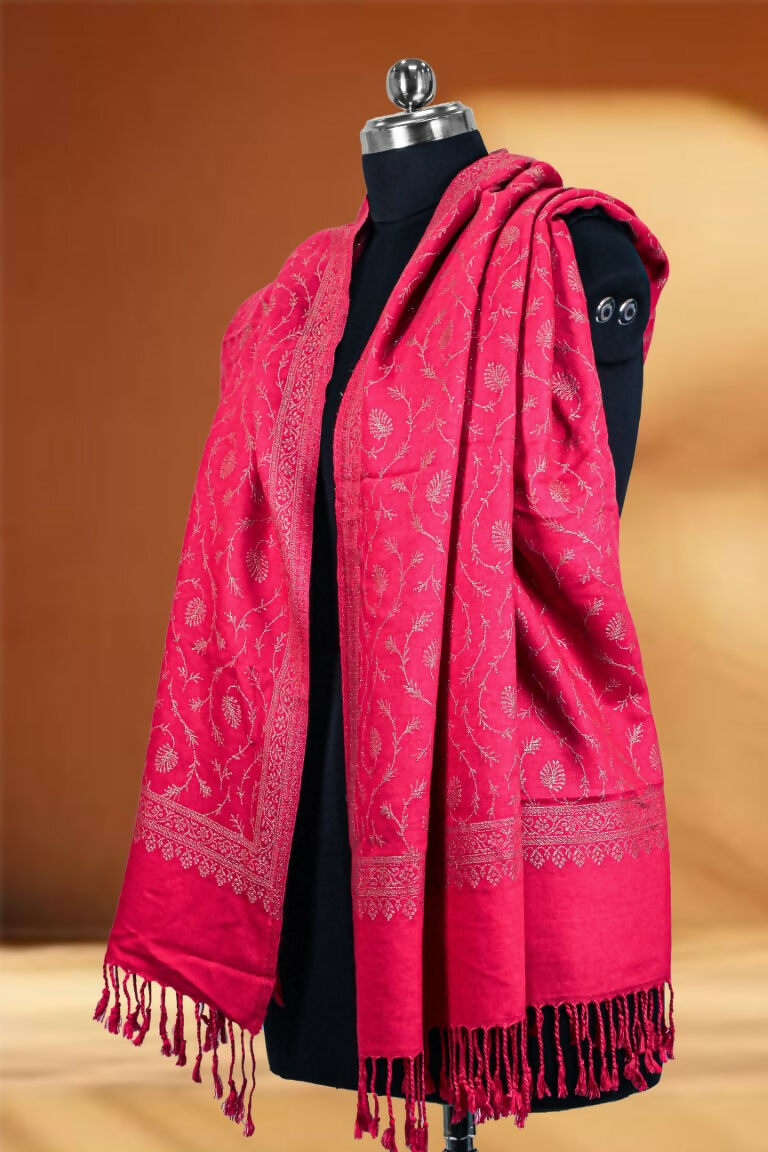 Weaving Mystery Handloom Pashmina Shawl-Kaani Zari - Pink | Grocsy