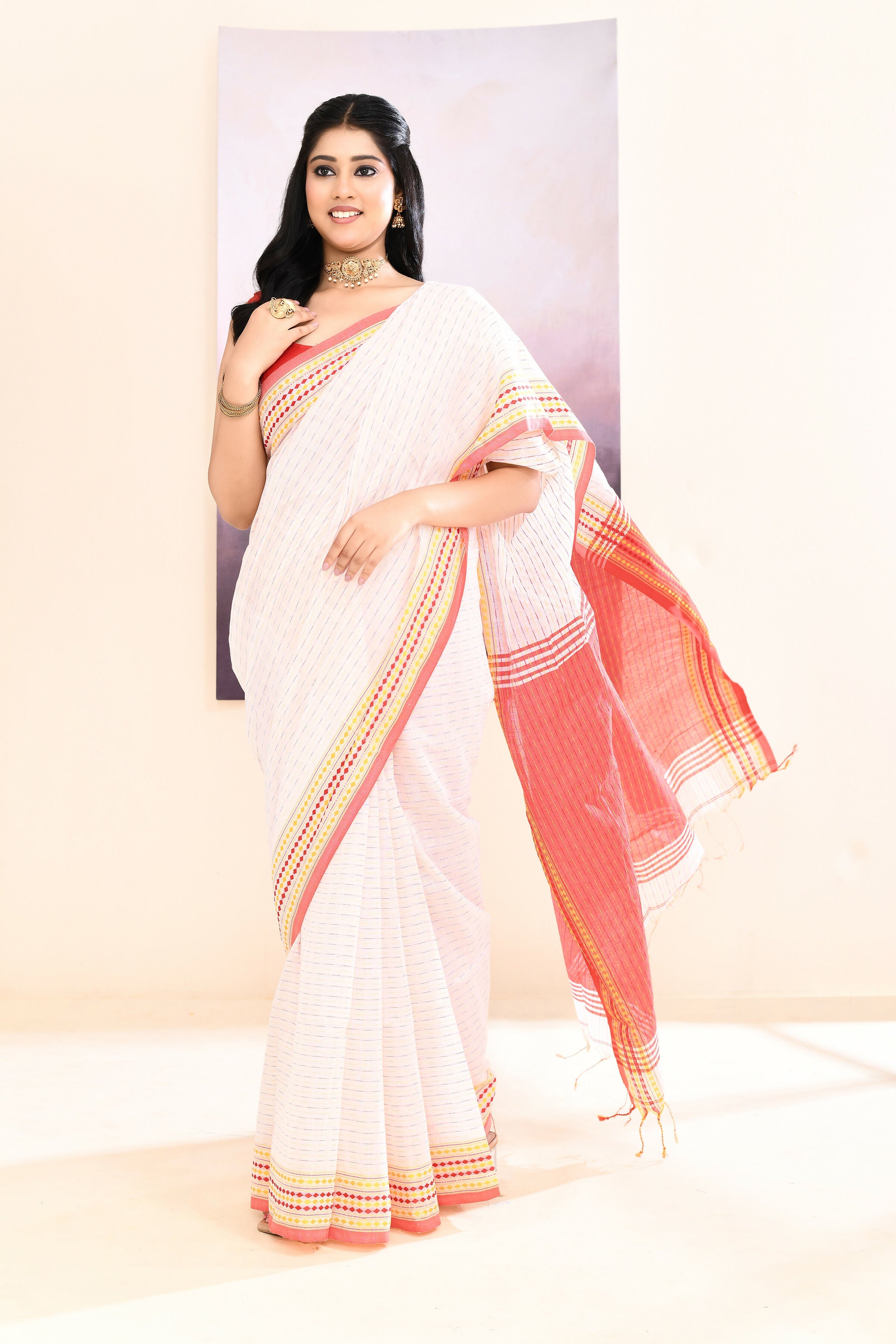 Piyari Fashion Women's White Embellished Cotton Blend Jamdani Saree | Grocsy