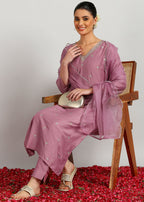 Aavyora Women’s Lavender Embroidered Kurta Set with Dupatta | Grocsy