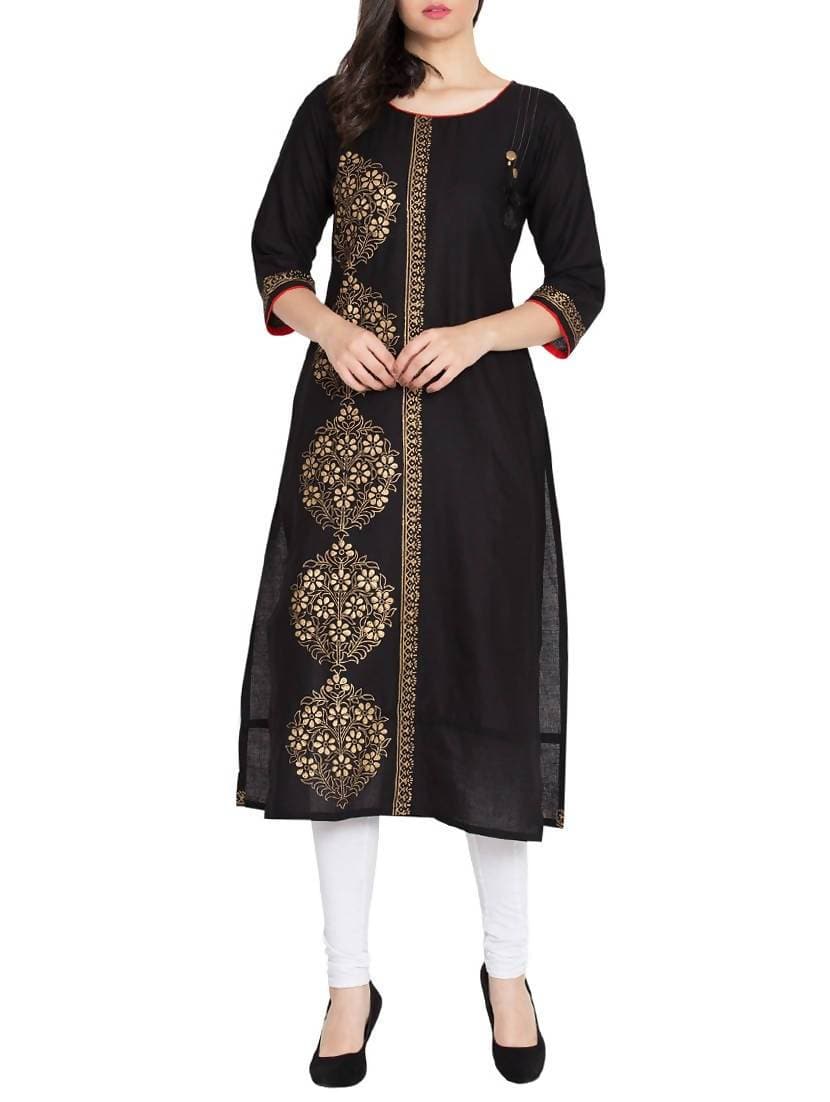 Cheera Hand Block Print Beautiful Straight Kurta In Black Color | Grocsy