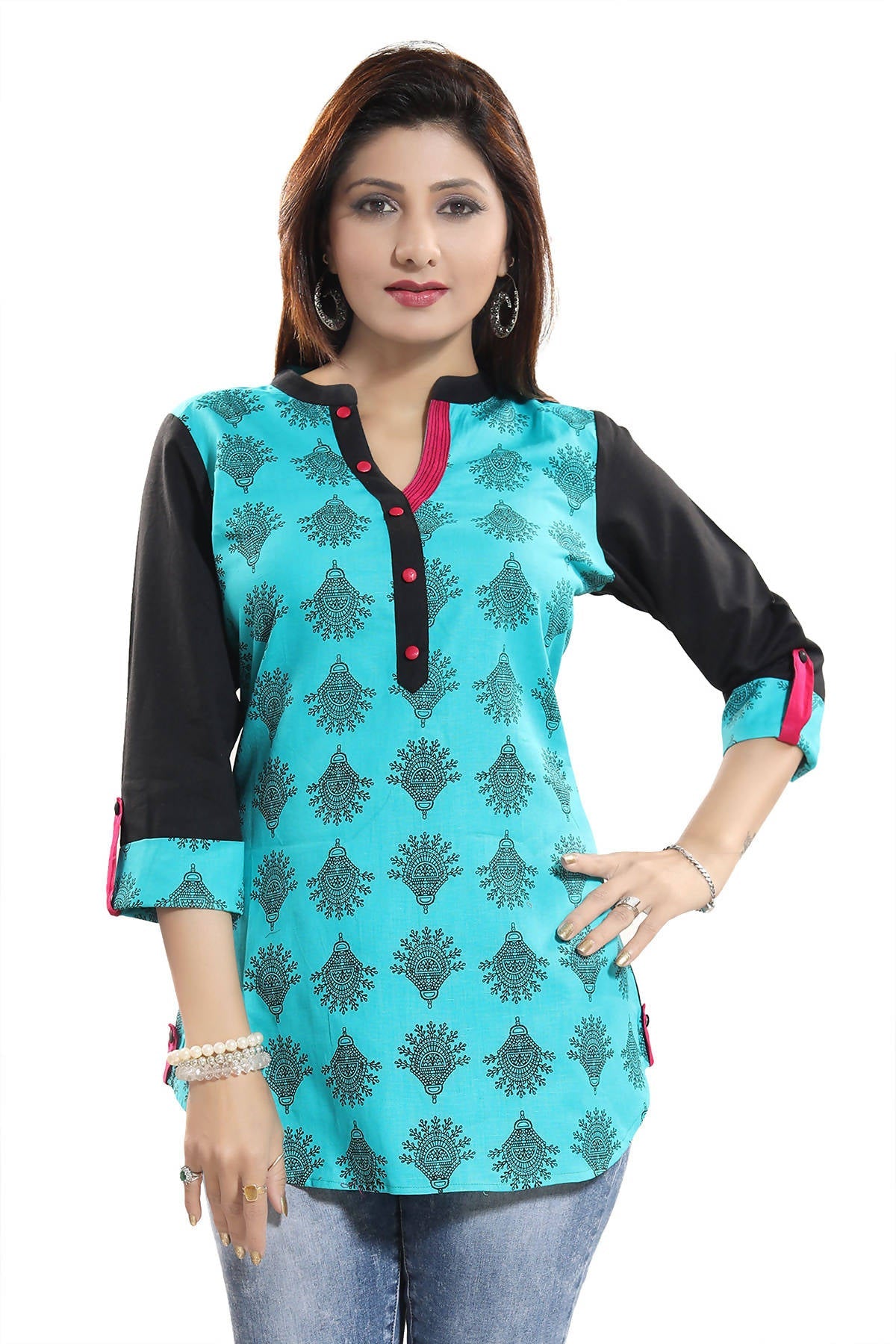 Snehal Creations Luscious Light Rama Cotton Printed Tunic Top With Roll On Sleeves | Grocsy