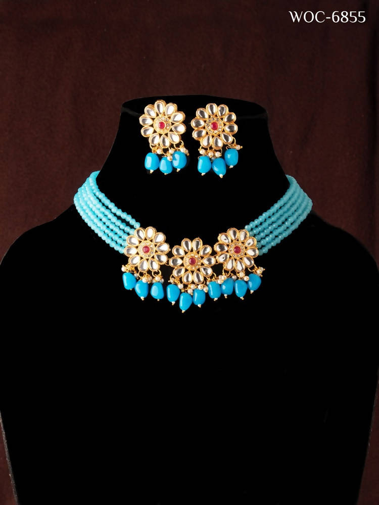 Mominos Fashion Johar Kamal Women's Sky Blue Beads Pearls Gold-Polished Jewellery Set | Grocsy