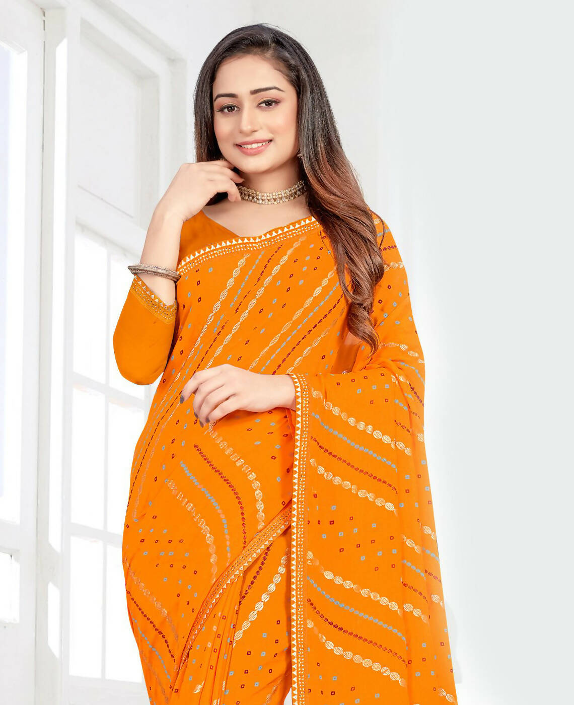Mustard Georgette Bandhani Printed Saree With Unstitched Blouse Piece - Jyoti | Grocsy