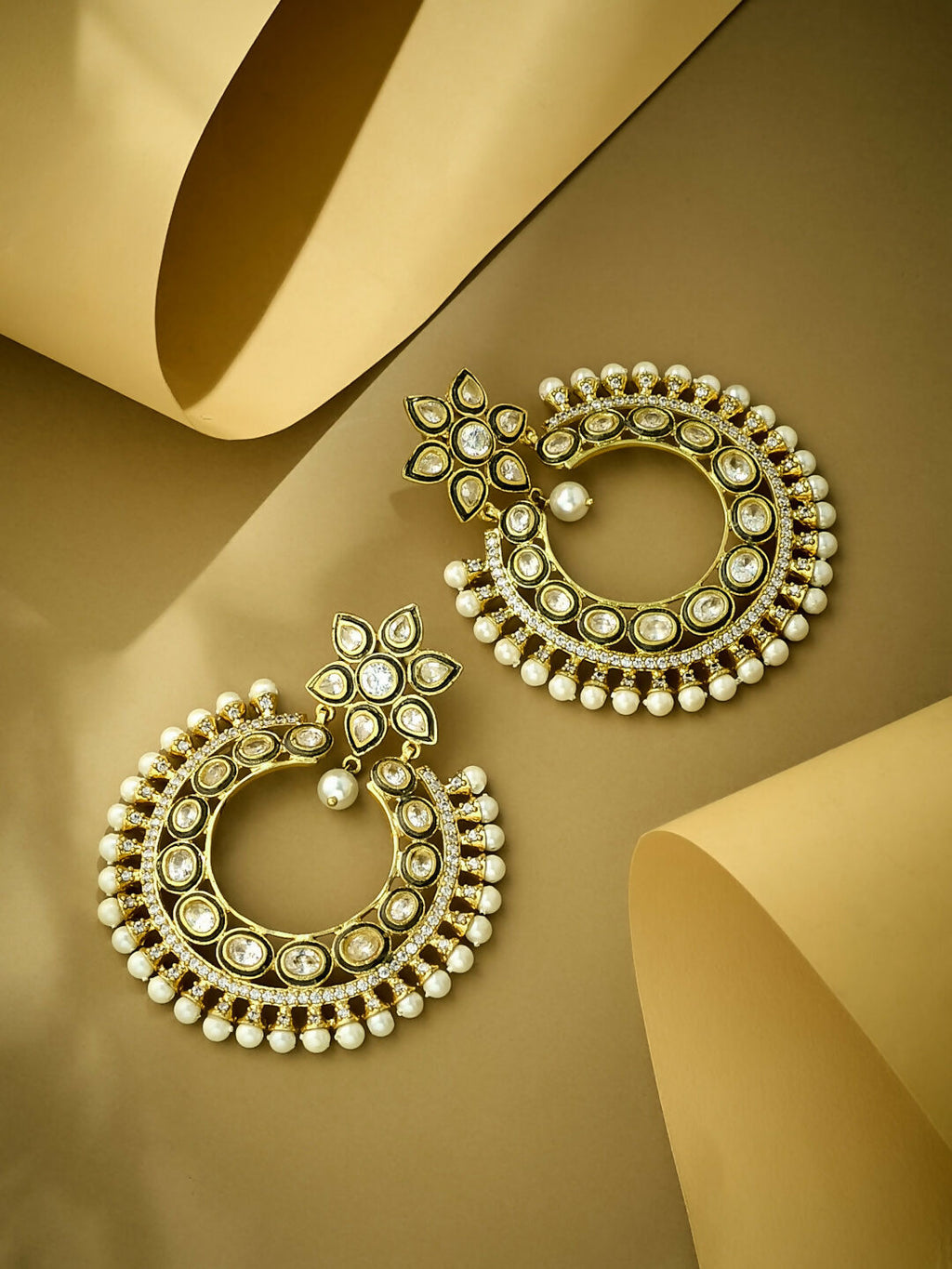 Nuyug 22K Gold-Plated Kundan Studded & Pearl Beaded Floral Chandbali Earrings | Grocsy
