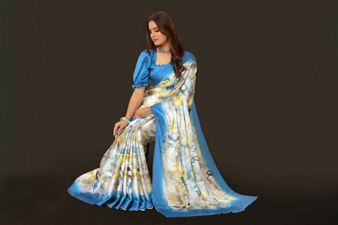 Aayaa Designer Printed Satin Saree - Multi Color | Grocsy